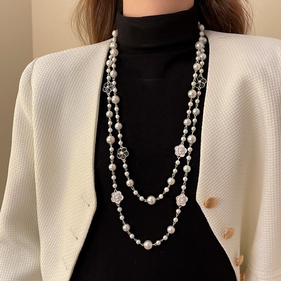 GOLICC Double Layer Long Flower Pearl Necklace - Picture 3 of 7
